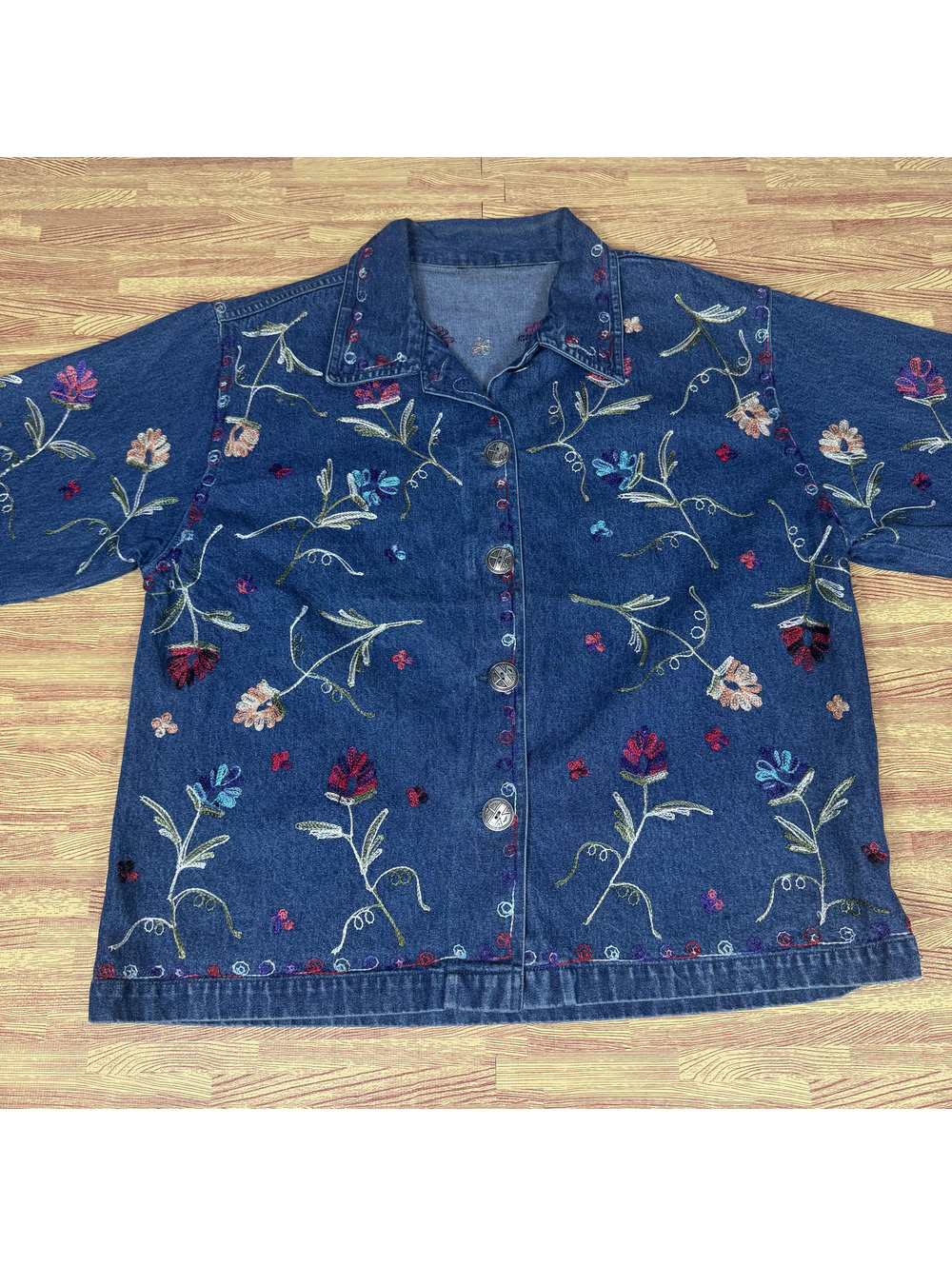 Floral Embroidered Denim Jacket Womens Blue Boho Button Front Estimated L